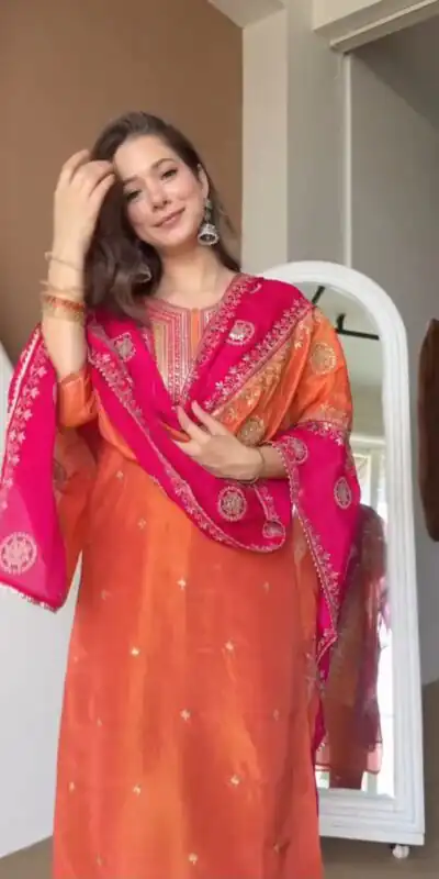 DC 119 Orange Chinon Salwar Suit with Embroidery Work & Digital Print. Festive Deal ₹1899. Delivery 4-6 Working Days. Shop now. | Casual Suits, Jump Suits, Creative suits, Designer Suits, Palazzo Suits, Party Wear Suits, Patiala Suits, Salwar suit, Straight Suits