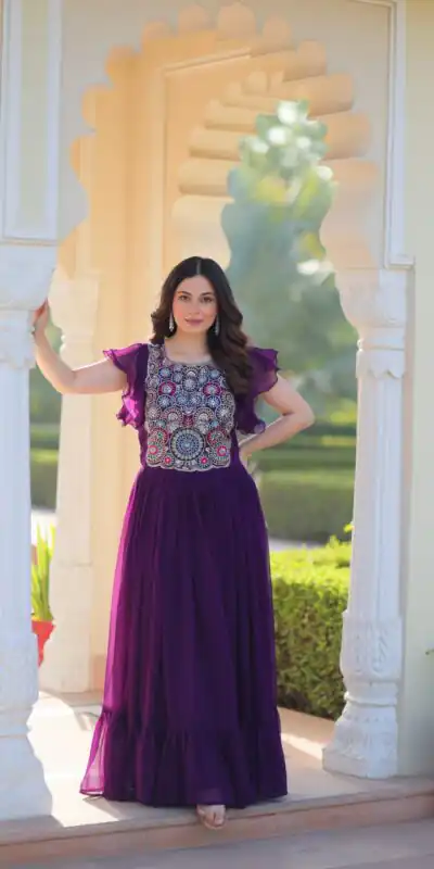 KA 1179 Purple Faux Blooming Gown with Embroidery Work & Sequins Work. Special Price ₹1769. Delivery 4-6 Working Days. Shop now. | Bollywood Gowns, Creative Gowns, Designer Gowns, Embroidered Gowns, Gowns, Party Wear Gowns
