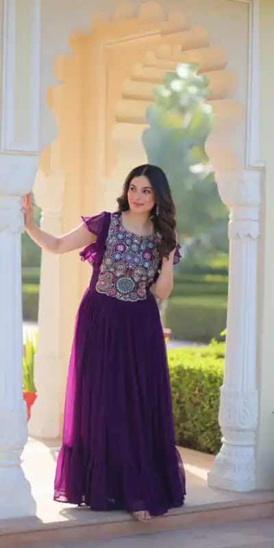 KA 1179 Purple Faux Blooming Gown with Embroidery Work & Sequins Work. Special Price ₹1769. Delivery 4-6 Working Days. Shop now. | Bollywood Gowns, Creative Gowns, Designer Gowns, Embroidered Gowns, Gowns, Party Wear Gowns