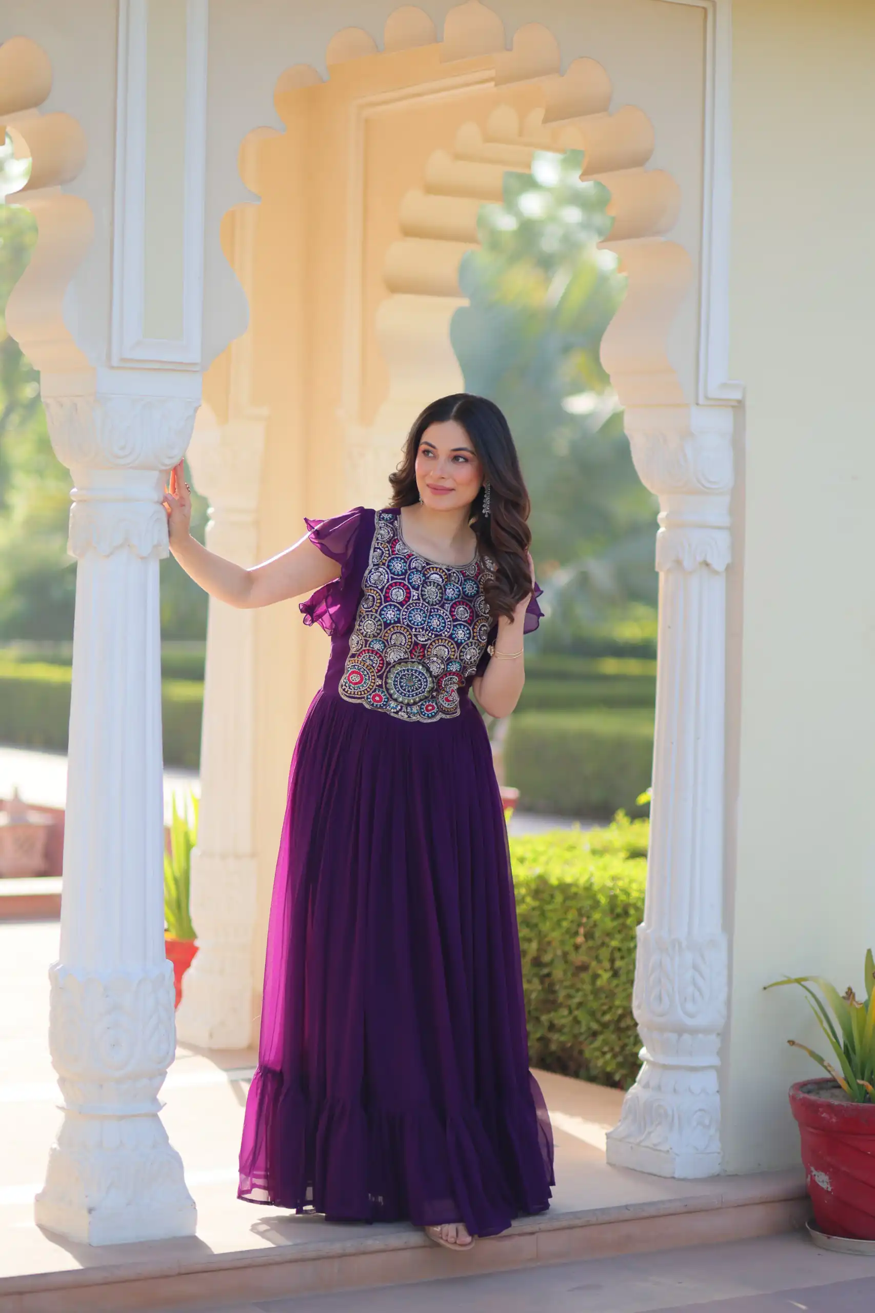 KA 1179 Purple Faux Blooming Gown with Embroidery Work & Sequins Work. Special Price ₹1769. Delivery 4-6 Working Days. Shop now. | Bollywood Gowns, Creative Gowns, Designer Gowns, Embroidered Gowns, Gowns, Party Wear Gowns