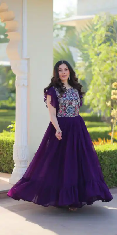 KA 1179 Purple Faux Blooming Gown with Embroidery Work & Sequins Work. Special Price ₹1769. Delivery 4-6 Working Days. Shop now. | Bollywood Gowns, Creative Gowns, Designer Gowns, Embroidered Gowns, Gowns, Party Wear Gowns