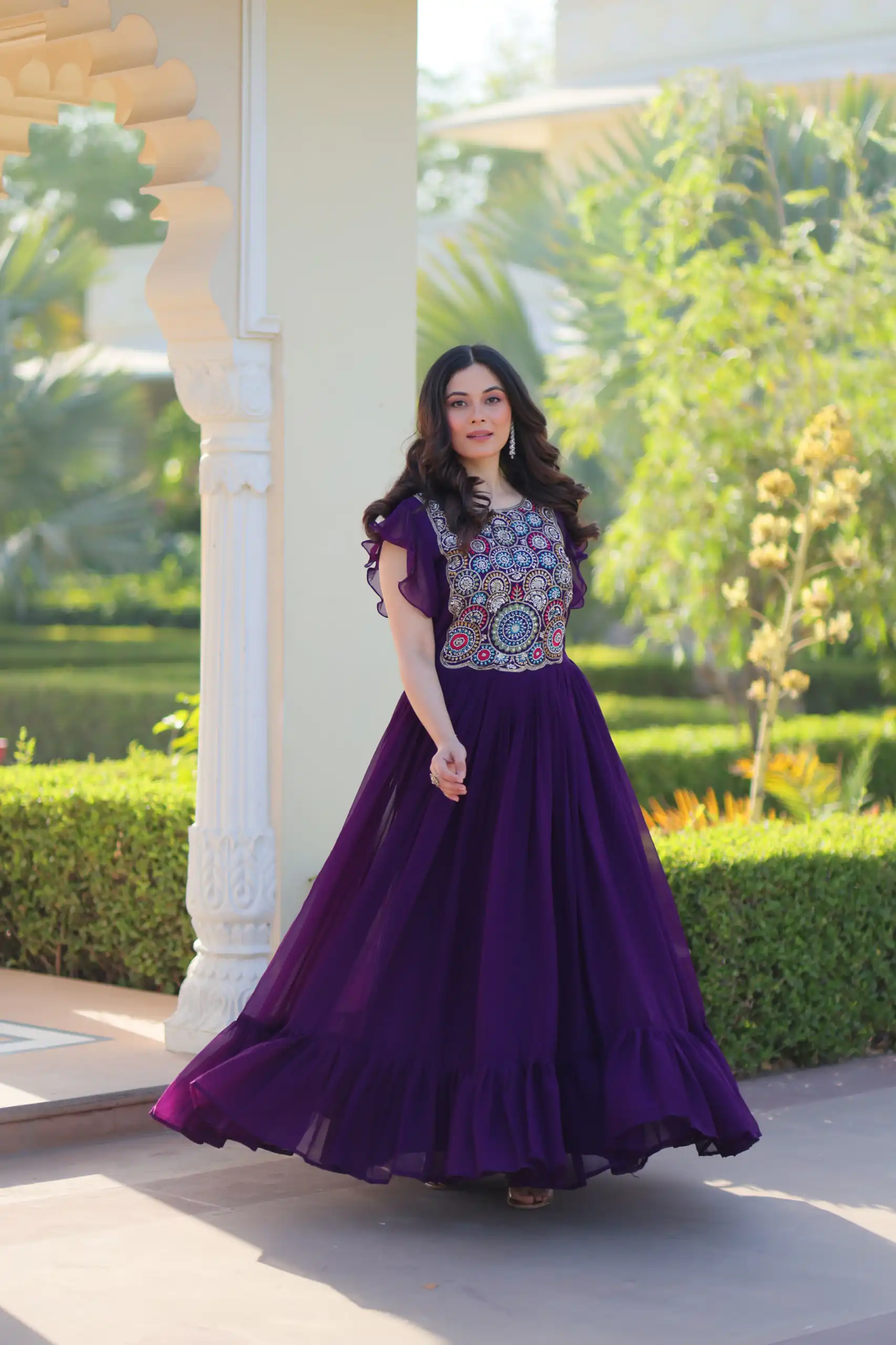 KA 1179 Purple Faux Blooming Gown with Embroidery Work & Sequins Work. Special Price ₹1769. Delivery 4-6 Working Days. Shop now. | Bollywood Gowns, Creative Gowns, Designer Gowns, Embroidered Gowns, Gowns, Party Wear Gowns