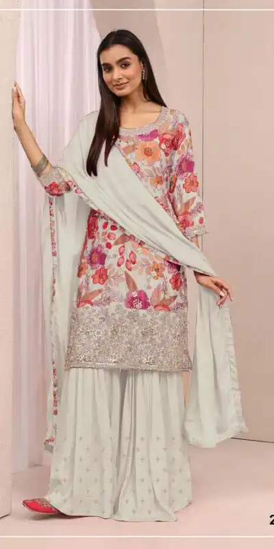 FC 2114 White Chinon Salwar Suit with Embroidery Work & Digital Print. Festive Deal ₹2449. Delivery 4-6 Working Days. Shop now. | Casual Suits, Jump Suits, Creative suits, Designer Suits, Palazzo Suits, Party Wear Suits, Patiala Suits, Salwar suit, Straight Suits