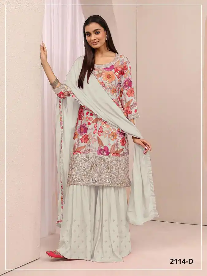 FC 2114 White Chinon Salwar Suit with Embroidery Work & Digital Print. Festive Deal ₹2449. Delivery 4-6 Working Days. Shop now. | Casual Suits, Jump Suits, Creative suits, Designer Suits, Palazzo Suits, Party Wear Suits, Patiala Suits, Salwar suit, Straight Suits