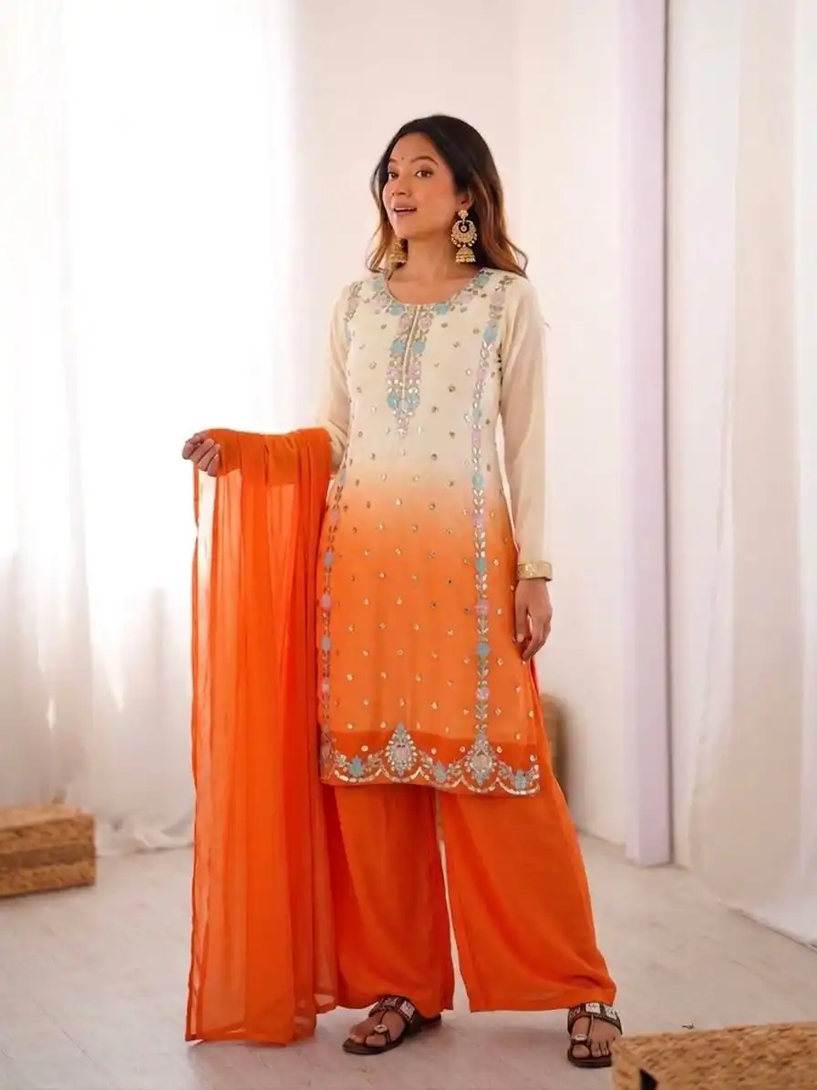 SR 1712 Orange Color Faux Georgette Salwar Suit with Designer Work. Affordable Price ₹1999. Delivery 4-6 Working Days. Shop now. | Casual Suits, Jump Suits, Creative suits, Designer Suits, Palazzo Suits, Party Wear Suits, Patiala Suits, Salwar suit, Straight Suits