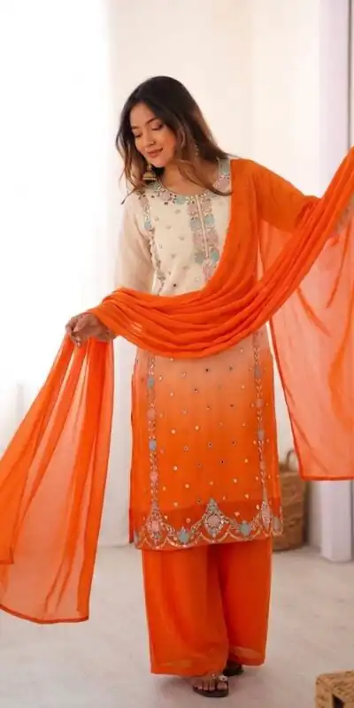 SR 1712 Orange Color Faux Georgette Salwar Suit with Designer Work. Affordable Price ₹1999. Delivery 4-6 Working Days. Shop now. | Casual Suits, Jump Suits, Creative suits, Designer Suits, Palazzo Suits, Party Wear Suits, Patiala Suits, Salwar suit, Straight Suits