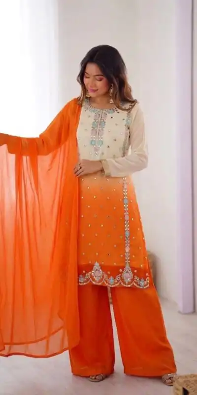 SR 1712 Orange Color Faux Georgette Salwar Suit with Designer Work. Affordable Price ₹1999. Delivery 4-6 Working Days. Shop now. | Casual Suits, Jump Suits, Creative suits, Designer Suits, Palazzo Suits, Party Wear Suits, Patiala Suits, Salwar suit, Straight Suits