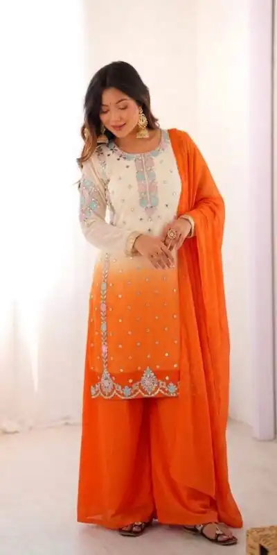 SR 1712 Orange Color Faux Georgette Salwar Suit with Designer Work. Affordable Price ₹1999. Delivery 4-6 Working Days. Shop now. | Casual Suits, Jump Suits, Creative suits, Designer Suits, Palazzo Suits, Party Wear Suits, Patiala Suits, Salwar suit, Straight Suits