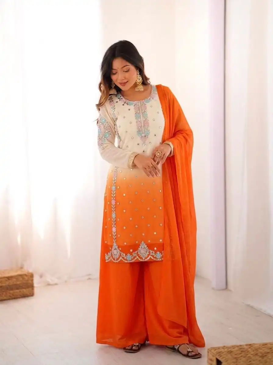 SR 1712 Orange Color Faux Georgette Salwar Suit with Designer Work. Affordable Price ₹1999. Delivery 4-6 Working Days. Shop now. | Casual Suits, Jump Suits, Creative suits, Designer Suits, Palazzo Suits, Party Wear Suits, Patiala Suits, Salwar suit, Straight Suits