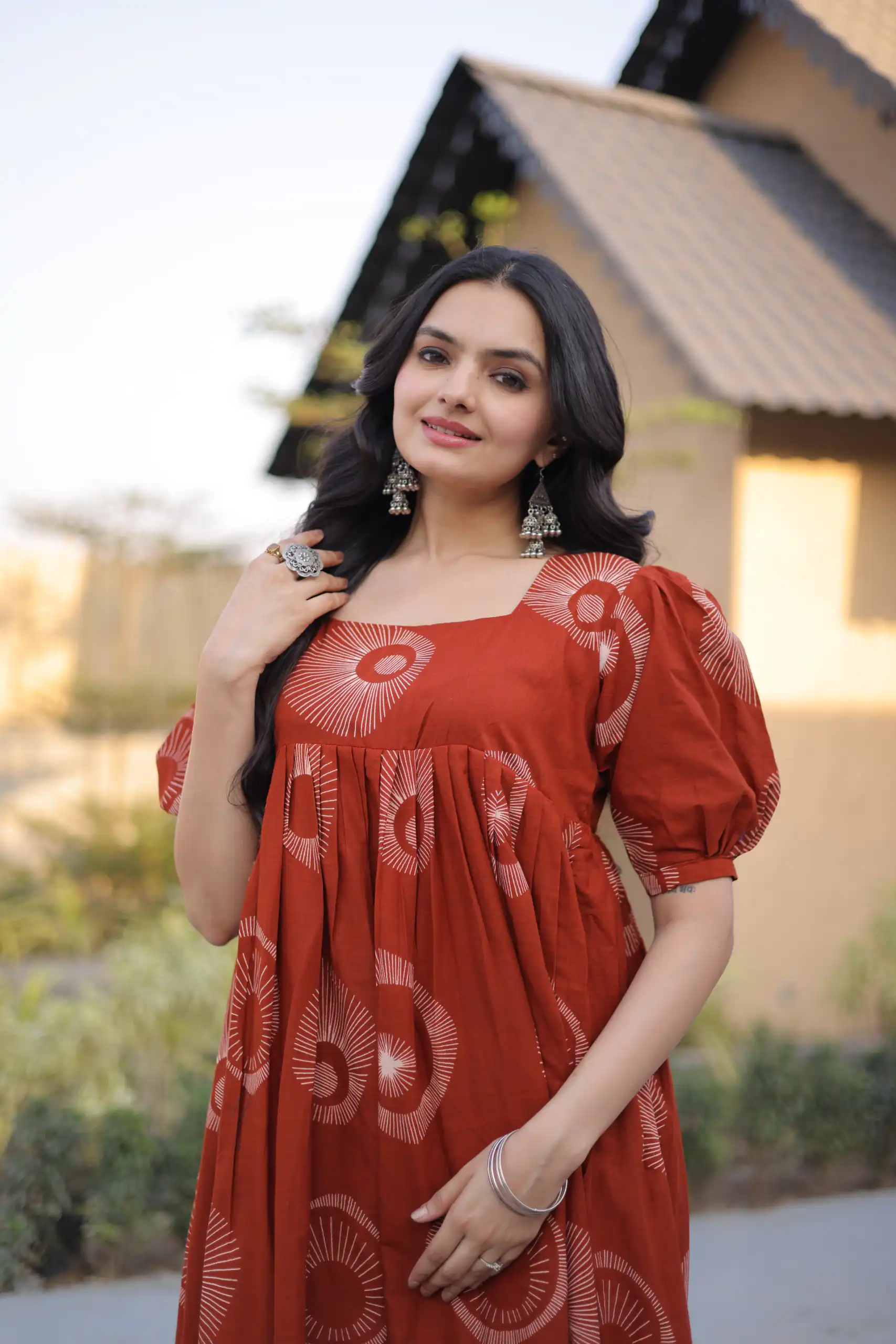 KA 1249 Rust Color Cotton Kurti with Printed Designer Work. Exclusive Offer ₹1519. Delivery 4-6 Working Days. Online Shop now. | Bollywood Kurti, Creative Kurtis, Designer Kurti, Kurti, Party Wear Kurti, Selfie Kurti