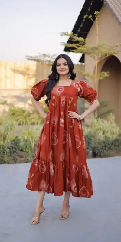 KA 1249 Rust Color Cotton Kurti with Printed Designer Work. Exclusive Offer ₹1519. Delivery 4-6 Working Days. Online Shop now. | Bollywood Kurti, Creative Kurtis, Designer Kurti, Kurti, Party Wear Kurti, Selfie Kurti