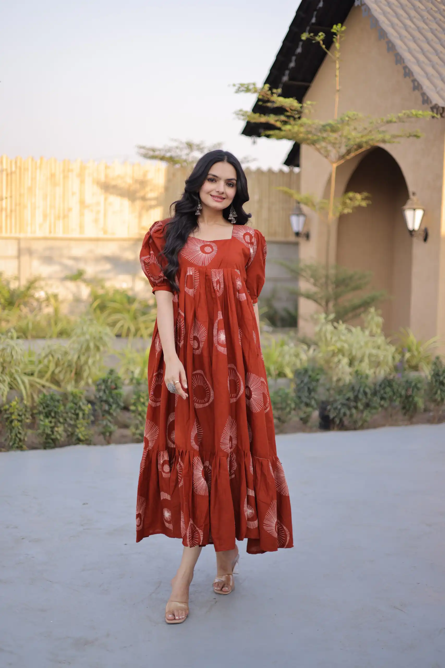 KA 1249 Rust Color Cotton Kurti with Printed Designer Work. Exclusive Offer ₹1519. Delivery 4-6 Working Days. Online Shop now. | Bollywood Kurti, Creative Kurtis, Designer Kurti, Kurti, Party Wear Kurti, Selfie Kurti
