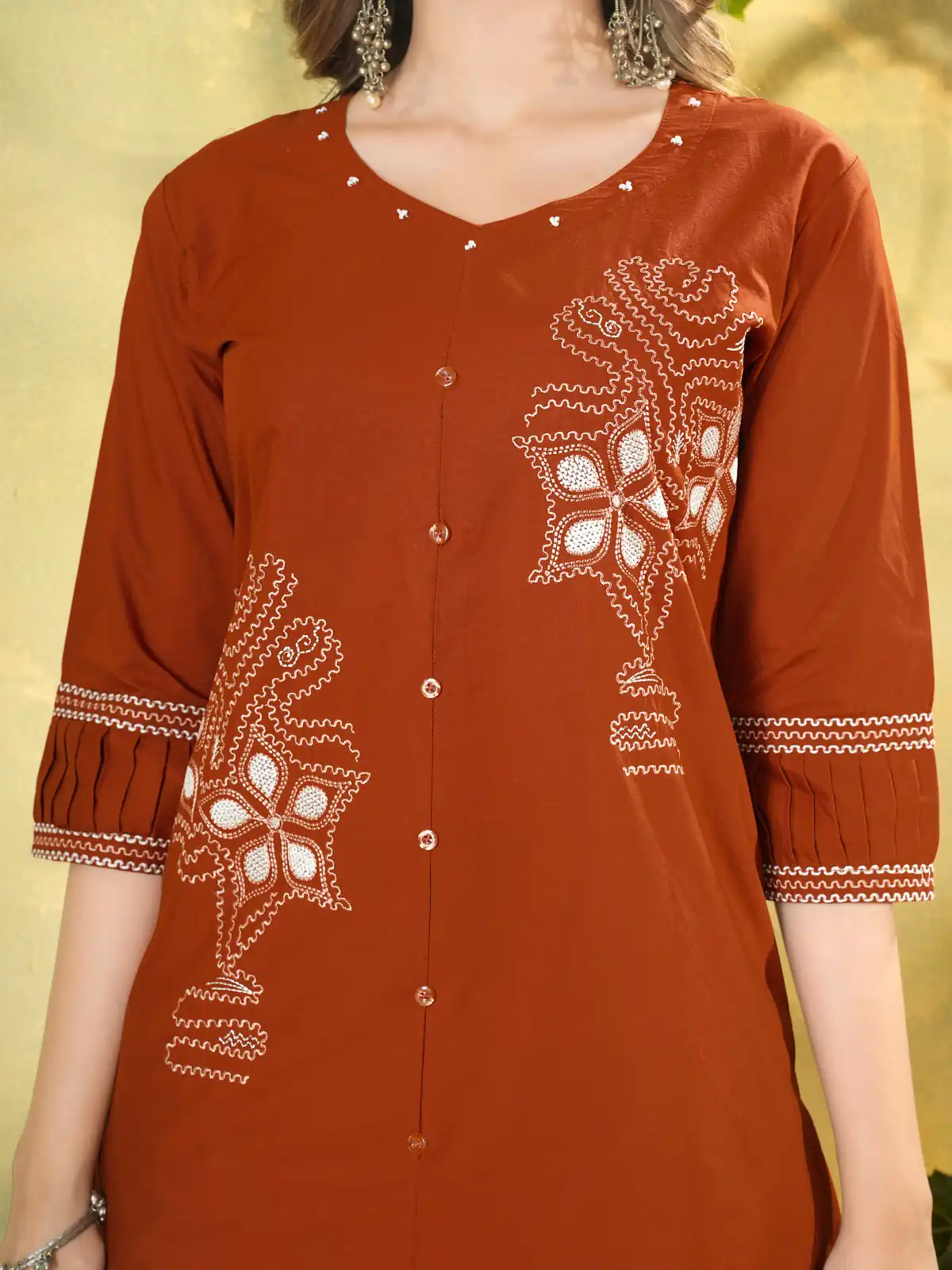 DIVA 162 Rust Color Cotton Kurti with Printed Designer Work. Exclusive Offer ₹1749. Delivery 4-6 Working Days. Online Shop now. | Bollywood Kurti, Creative Kurtis, Designer Kurti, Kurti, Party Wear Kurti, Selfie Kurti