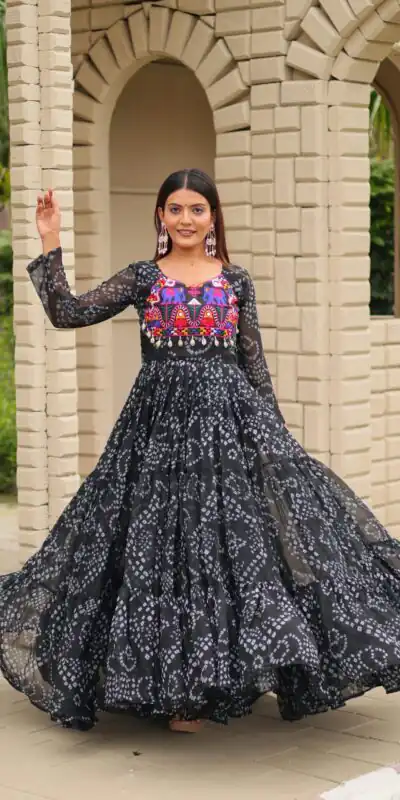 Ram 122 Black in Faux Georgette. Embroidery Work & Mirror Work Gown Festive Deal ₹1949. Delivery 4-6 Working Days. Shop now. | Bollywood Gowns, Creative Gowns, Designer Gowns, Embroidered Gowns, Gowns, Party Wear Gowns
