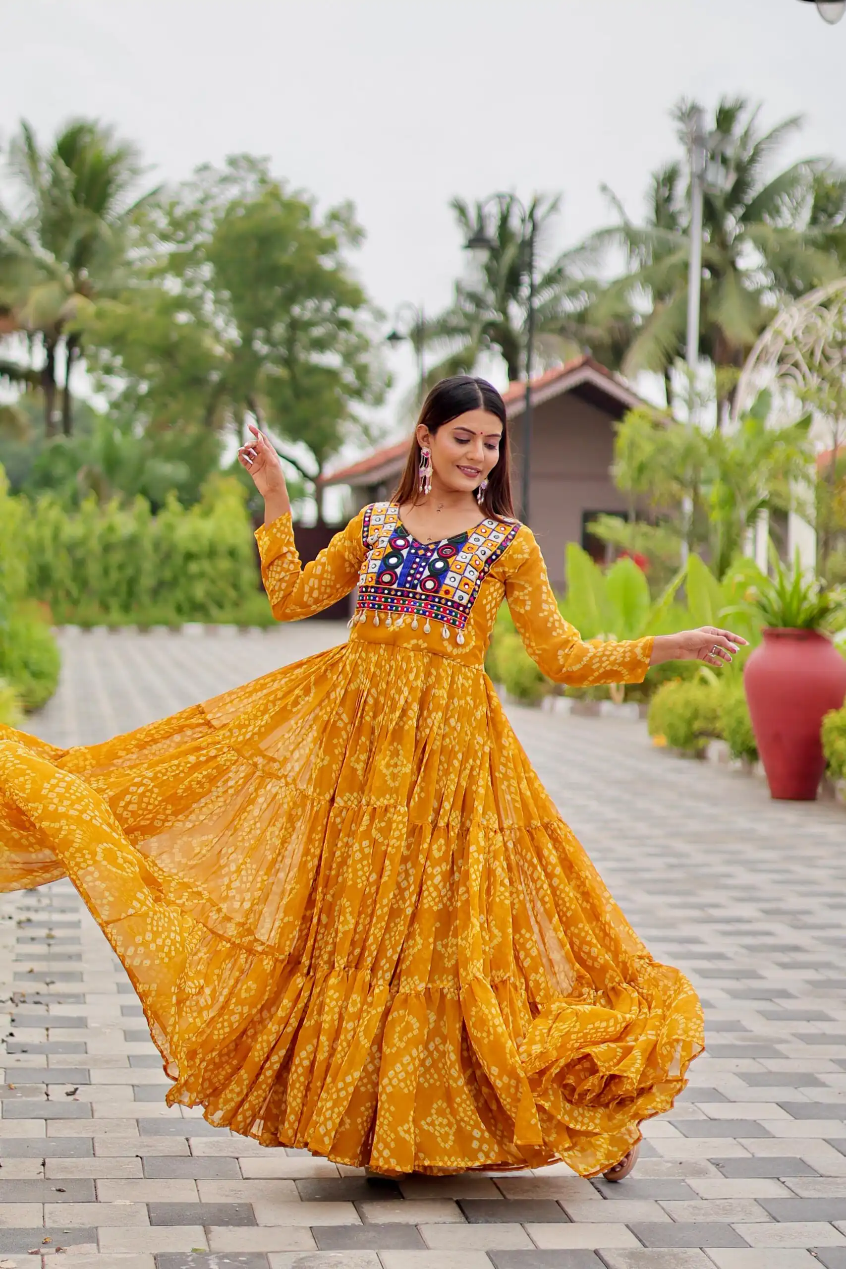 Classic Mustard Faux Georgette Embroidery Work Gown - Image 2
