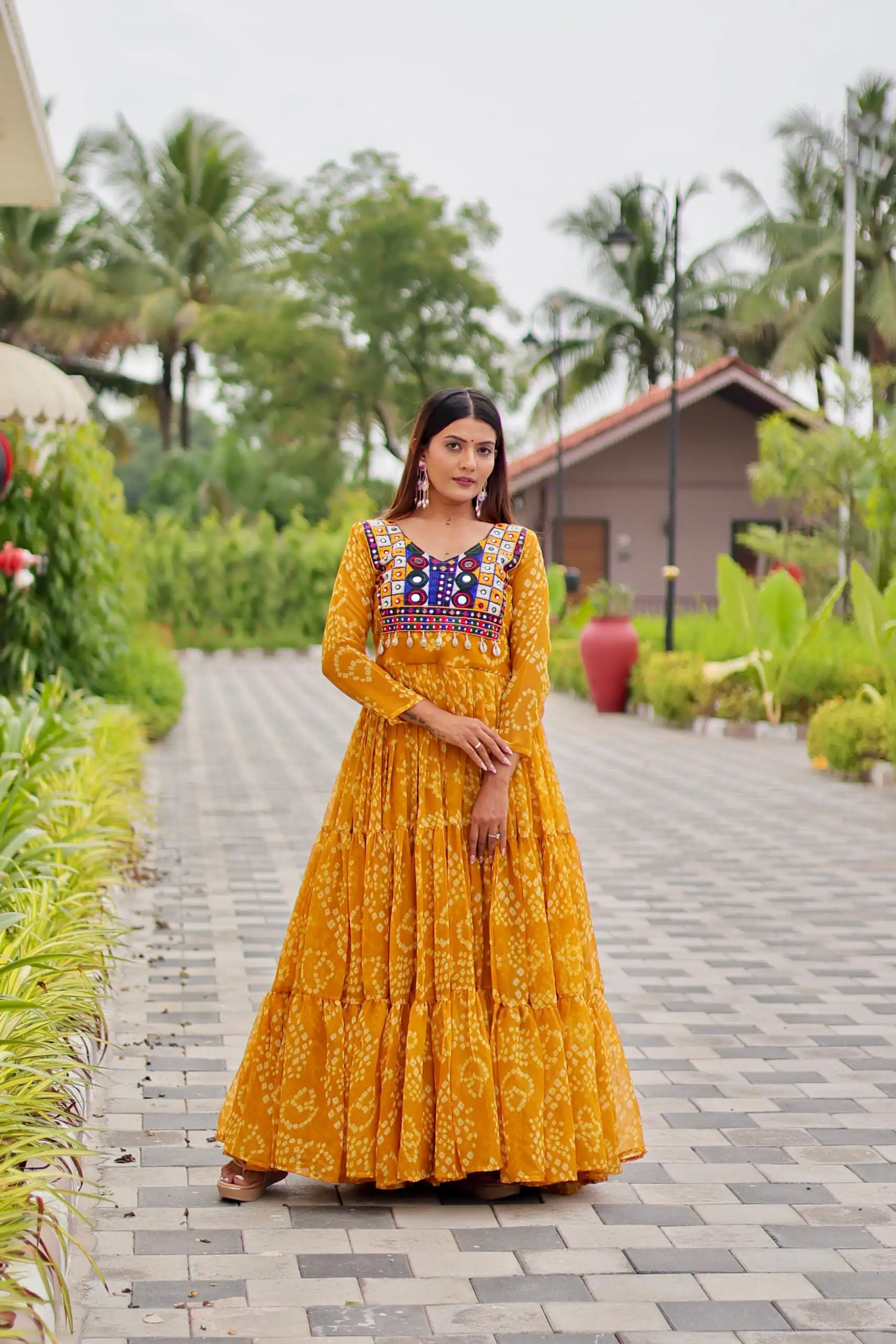 Classic Mustard Faux Georgette Embroidery Work Gown - Image 3