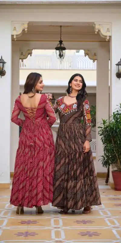 Ram 109 Brown Color Faux Georgette Gown with Mirror Work. Wedding, Party, Festive, Events Get it for ₹1999. Delivery 4-6 Working Days.Online Shop now. | Bollywood Gowns, Creative Gowns, Designer Gowns, Embroidered Gowns, Gowns, Party Wear Gowns