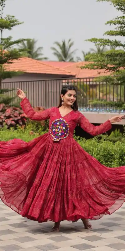 Ram 121 Red Color Faux Georgette Gown with Mirror Work. Wedding, Party, Festive, Events Get it for ₹1549. Delivery 4-6 Working Days.Online Shop now. | Bollywood Gowns, Creative Gowns, Designer Gowns, Embroidered Gowns, Gowns, Party Wear Gowns