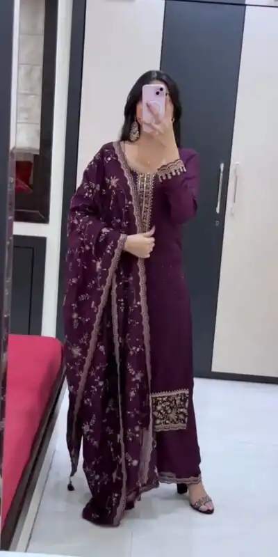 JF 048 Wine Color Georgette Salwar Suit with Designer Work. Affordable Price ₹2149. Delivery 4-6 Working Days. Online Shop now. | Casual Suits, Jump Suits, Creative suits, Designer Suits, Palazzo Suits, Party Wear Suits, Patiala Suits, Salwar suit, Straight Suits