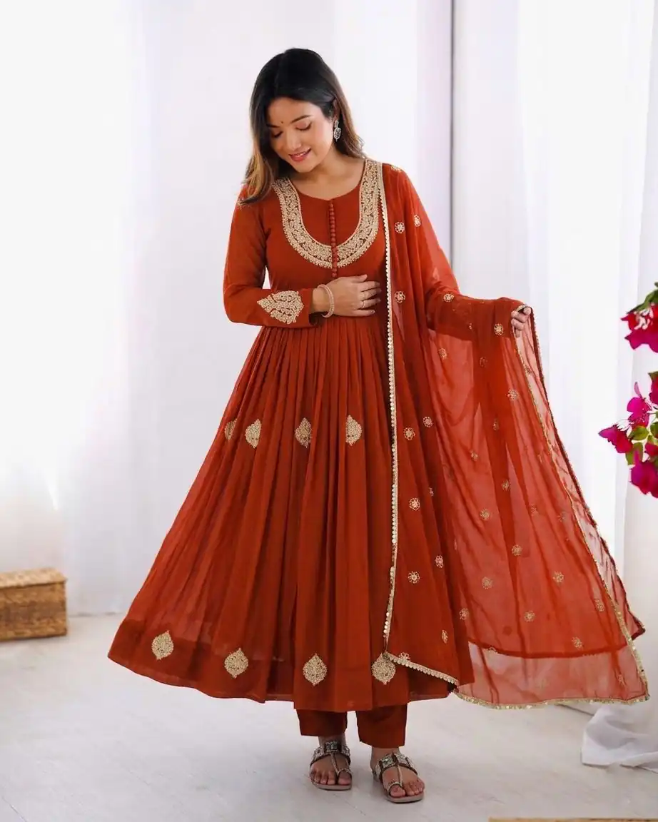 ZF 5018 Orange Color Blooming Georgette Gown With Coding Work . Get it for ₹2049. Delivery 4-6 Working Days. Online Shop now. | Bollywood Gowns, Creative Gowns, Designer Gowns, Embroidered Gowns, Gowns, Party Wear Gowns