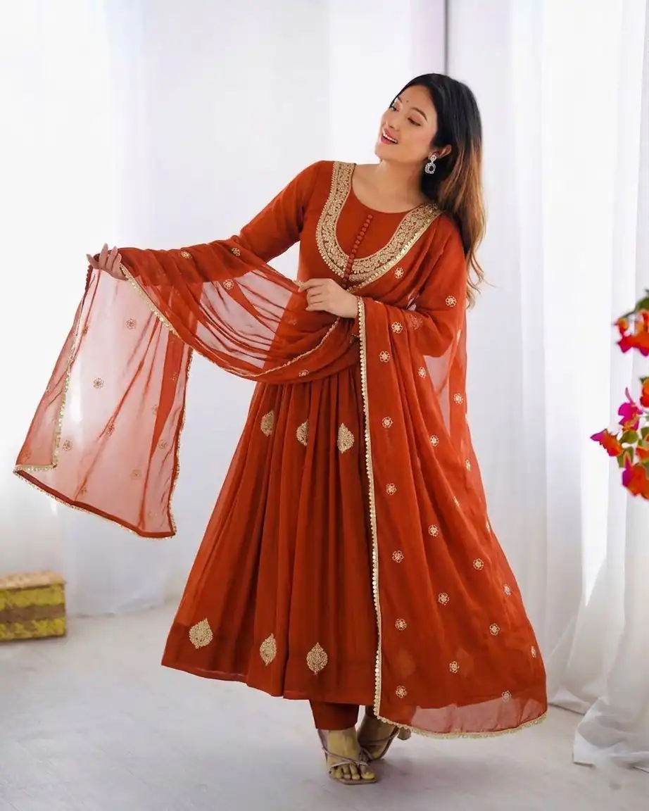 ZF 5018 Orange Color Blooming Georgette Gown With Coding Work . Get it for ₹2049. Delivery 4-6 Working Days. Online Shop now. | Bollywood Gowns, Creative Gowns, Designer Gowns, Embroidered Gowns, Gowns, Party Wear Gowns