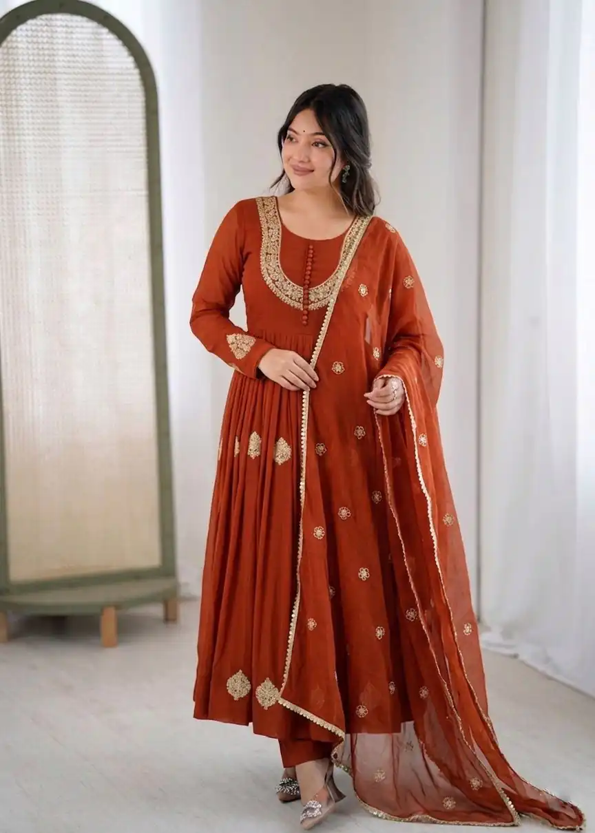 ZF 5018 Orange Color Blooming Georgette Gown With Coding Work . Get it for ₹2049. Delivery 4-6 Working Days. Online Shop now. | Bollywood Gowns, Creative Gowns, Designer Gowns, Embroidered Gowns, Gowns, Party Wear Gowns
