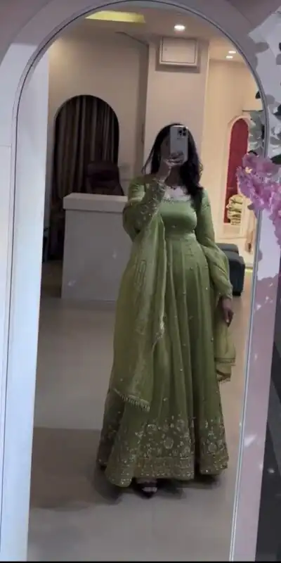 VLM 339 Parrot Green Crunchy Silk Gown Perfect for Wedding, Party, Housewarming, Haldi, – . Best Price ₹2149. Delivery 4-6 Working Days. Shop now. | Bollywood Gowns, Creative Gowns, Designer Gowns, Embroidered Gowns, Gowns, Party Wear Gowns