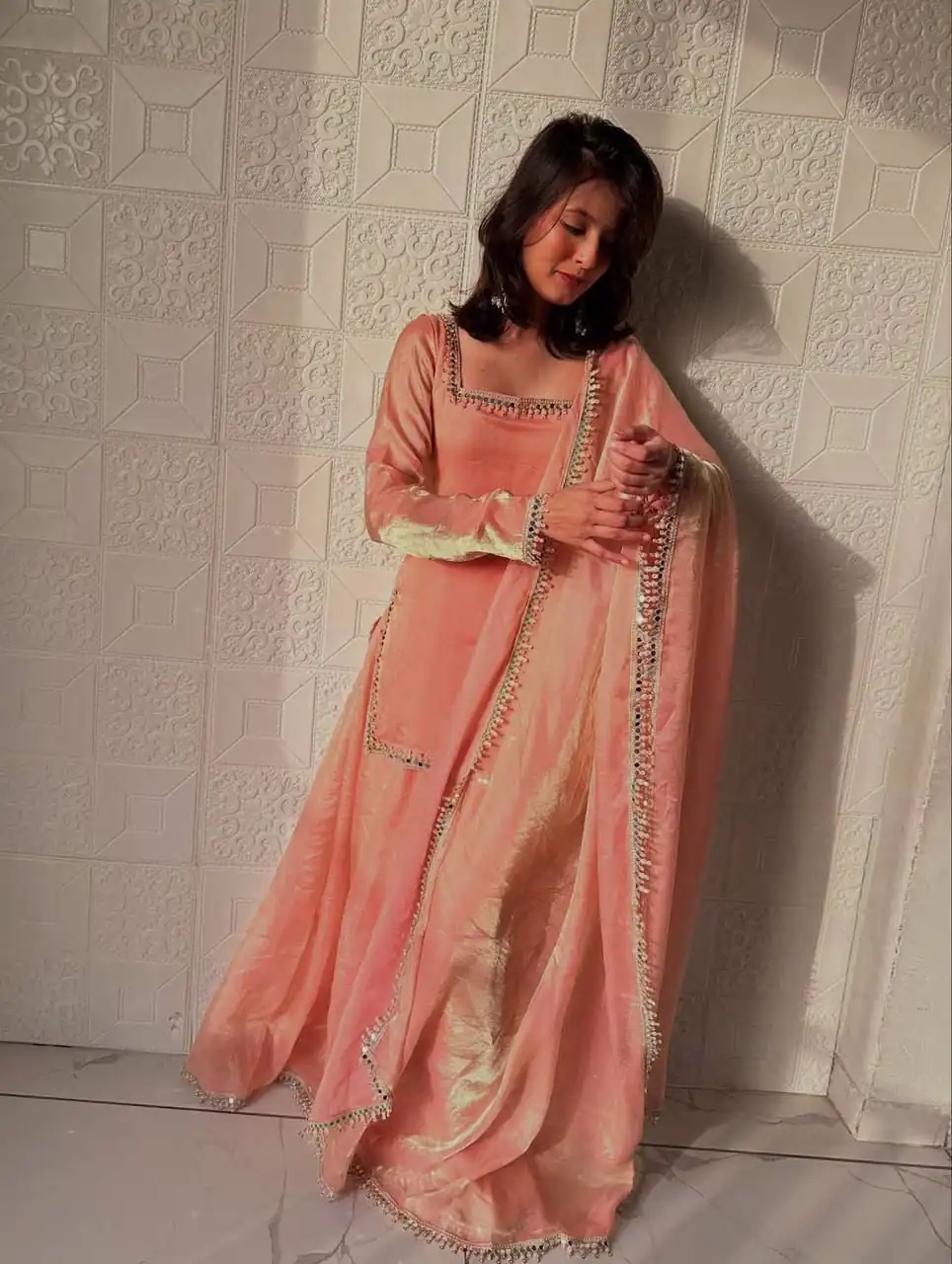ZB 5063 Peach Fandy Silk Salwar Suit with Embroidery Work. Wedding, Party, Festive, Events Now at just ₹1949. Delivery 4-6 Working Days. Shop now. | Casual Suits, Jump Suits, Creative suits, Designer Suits, Palazzo Suits, Party Wear Suits, Patiala Suits, Salwar suit, Straight Suits