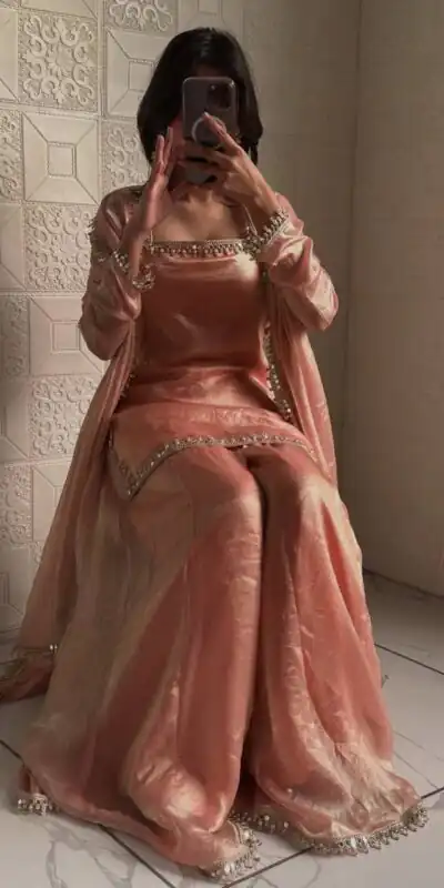 ZB 5063 Peach Fandy Silk Salwar Suit with Embroidery Work. Wedding, Party, Festive, Events Now at just ₹1949. Delivery 4-6 Working Days. Shop now. | Casual Suits, Jump Suits, Creative suits, Designer Suits, Palazzo Suits, Party Wear Suits, Patiala Suits, Salwar suit, Straight Suits