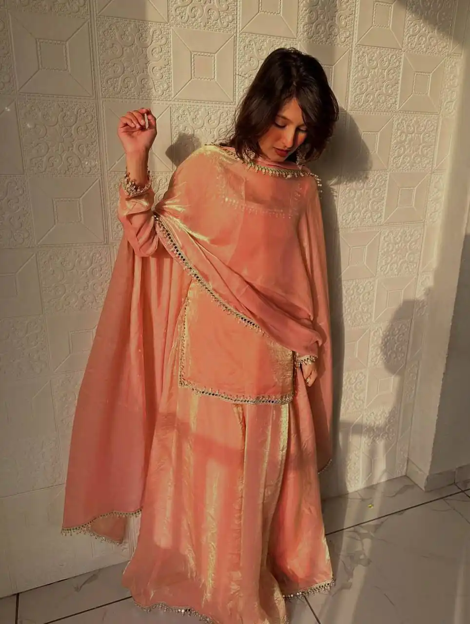 ZB 5063 Peach Fandy Silk Salwar Suit with Embroidery Work. Wedding, Party, Festive, Events Now at just ₹1949. Delivery 4-6 Working Days. Shop now. | Casual Suits, Jump Suits, Creative suits, Designer Suits, Palazzo Suits, Party Wear Suits, Patiala Suits, Salwar suit, Straight Suits