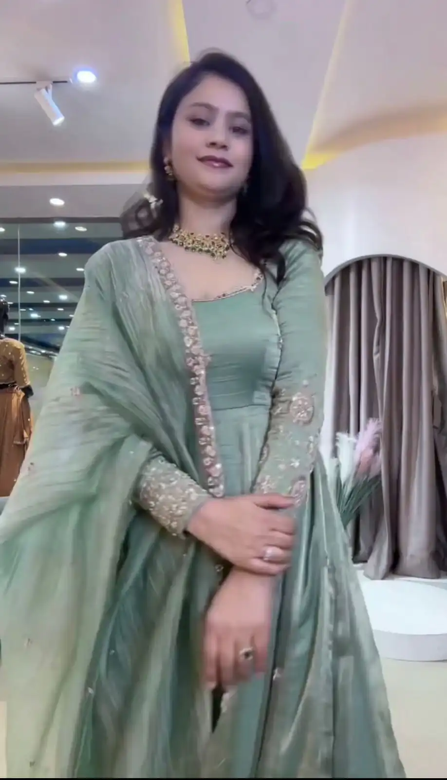 Elegant Sea Green Crunchy Silk Embroidery Cut Work Gown - Image 2