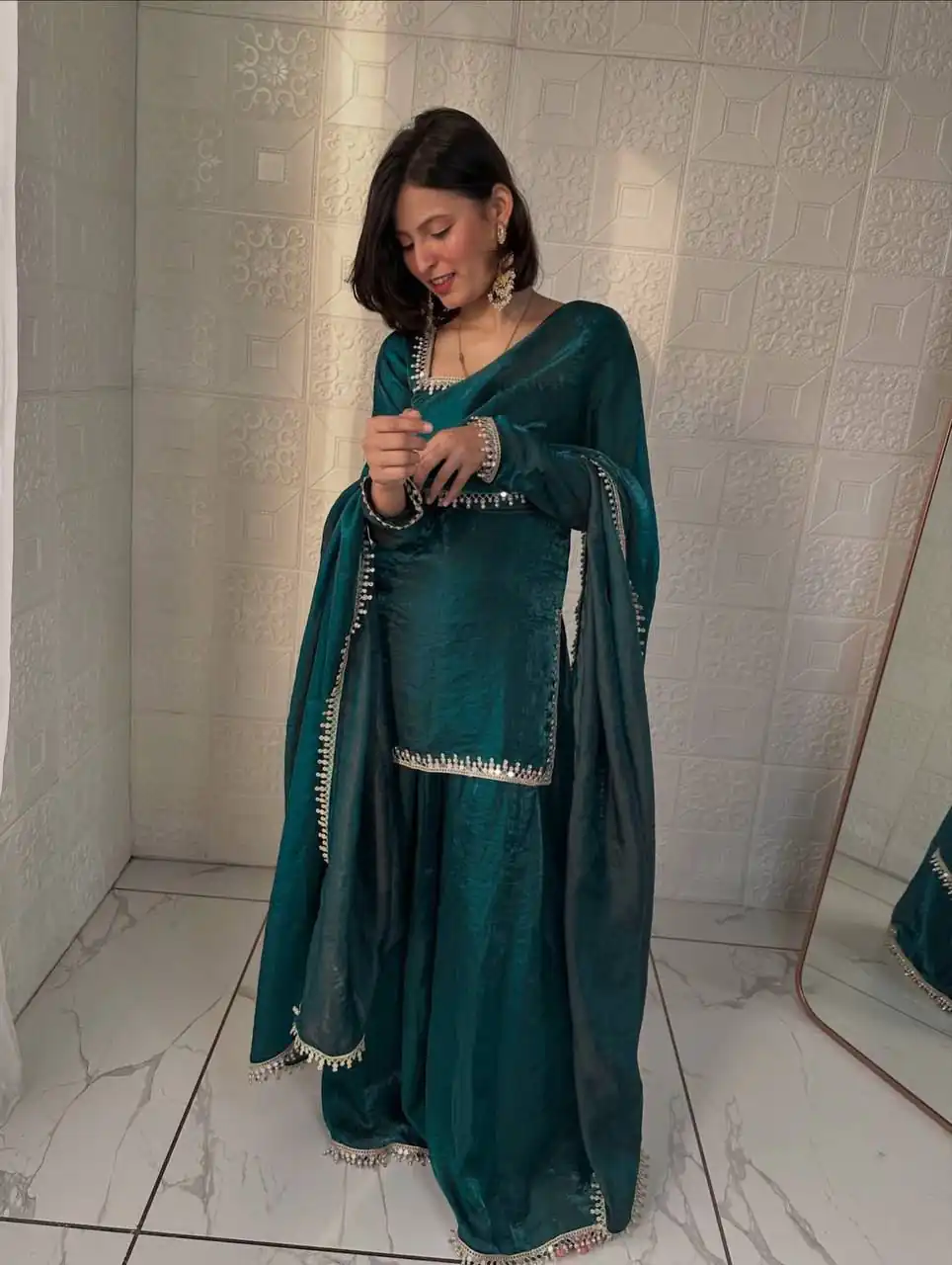ZB 5063 Teal Fandy Silk Salwar Suit with Embroidery Work. Wedding, Party, Festive, Events Now at just ₹1949. Delivery 4-6 Working Days. Shop now. | Casual Suits, Jump Suits, Creative suits, Designer Suits, Palazzo Suits, Party Wear Suits, Patiala Suits, Salwar suit, Straight Suits