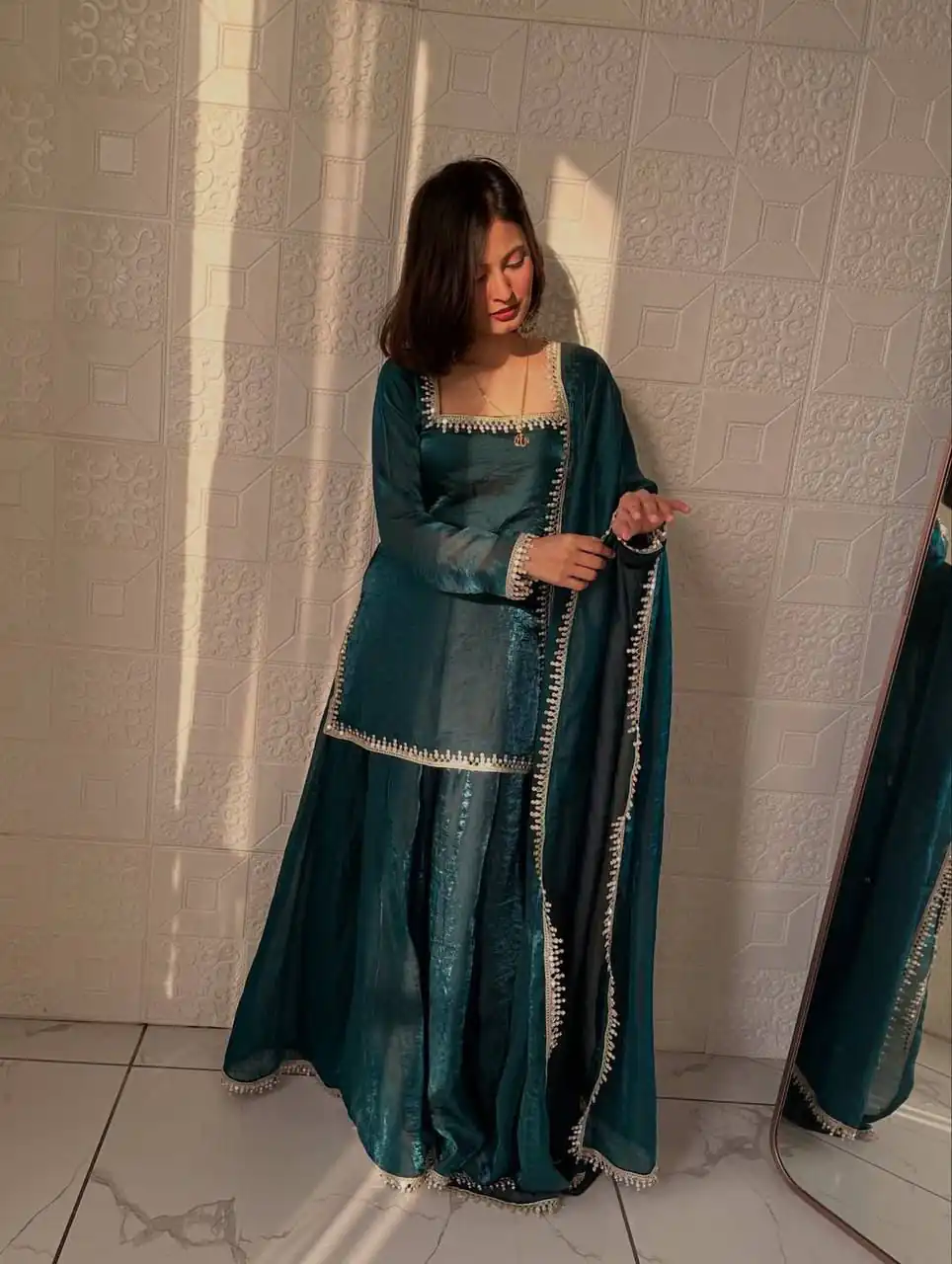 ZB 5063 Teal Fandy Silk Salwar Suit with Embroidery Work. Wedding, Party, Festive, Events Now at just ₹1949. Delivery 4-6 Working Days. Shop now. | Casual Suits, Jump Suits, Creative suits, Designer Suits, Palazzo Suits, Party Wear Suits, Patiala Suits, Salwar suit, Straight Suits