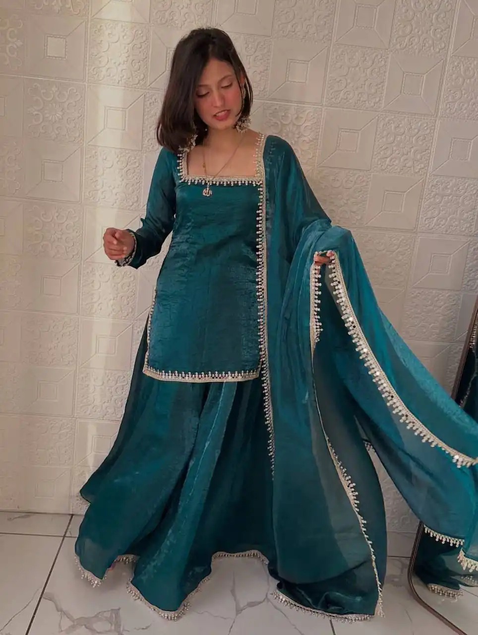 ZB 5063 Teal Fandy Silk Salwar Suit with Embroidery Work. Wedding, Party, Festive, Events Now at just ₹1949. Delivery 4-6 Working Days. Shop now. | Casual Suits, Jump Suits, Creative suits, Designer Suits, Palazzo Suits, Party Wear Suits, Patiala Suits, Salwar suit, Straight Suits
