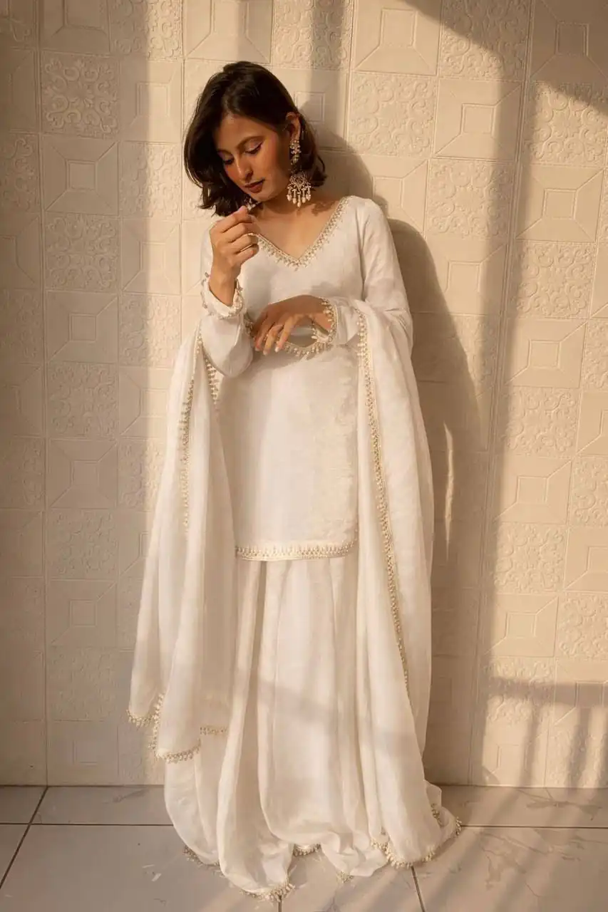 ZB 5063 White Fandy Silk Salwar Suit with Embroidery Work. Wedding, Party, Festive, Events Now at just ₹1949. Delivery 4-6 Working Days. Shop now. | Casual Suits, Jump Suits, Creative suits, Designer Suits, Palazzo Suits, Party Wear Suits, Patiala Suits, Salwar suit, Straight Suits