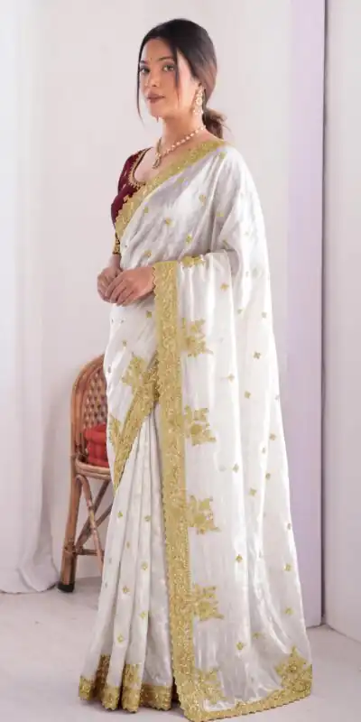 JR 666 White Fendy Satin Saree Perfect for Wedding, Party, Durga Puja, Raksha Bandhan, Sangeet – . Festive Deal ₹1949. Delivery 4-6 Working Days. | Creative Sarees, Bollywood Sarees, Designer Sarees, Embroidered Sarees, Ethnic Saree, Modern Digital sarees, Party Wear Sarees, Sarees