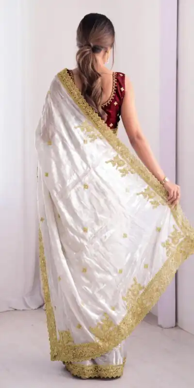 JR 666 White Fendy Satin Saree Perfect for Wedding, Party, Durga Puja, Raksha Bandhan, Sangeet – . Festive Deal ₹1949. Delivery 4-6 Working Days. | Creative Sarees, Bollywood Sarees, Designer Sarees, Embroidered Sarees, Ethnic Saree, Modern Digital sarees, Party Wear Sarees, Sarees