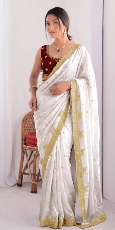 JR 666 White Fendy Satin Saree Perfect for Wedding, Party, Durga Puja, Raksha Bandhan, Sangeet – . Festive Deal ₹1949. Delivery 4-6 Working Days. | Creative Sarees, Bollywood Sarees, Designer Sarees, Embroidered Sarees, Ethnic Saree, Modern Digital sarees, Party Wear Sarees, Sarees