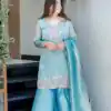 DC 114 Blue Fandy Satin Salwar Suit with Embroidery Work & Lace Work. Exclusive Offer ₹1899. Delivery 4-6 Working Days. Shop now. | Casual Suits, Jump Suits, Creative suits, Designer Suits, Palazzo Suits, Party Wear Suits, Patiala Suits, Salwar suit, Straight Suits
