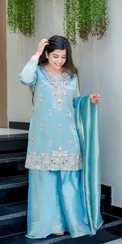 DC 114 Blue Fandy Satin Salwar Suit with Embroidery Work & Lace Work. Exclusive Offer ₹1899. Delivery 4-6 Working Days. Shop now. | Casual Suits, Jump Suits, Creative suits, Designer Suits, Palazzo Suits, Party Wear Suits, Patiala Suits, Salwar suit, Straight Suits