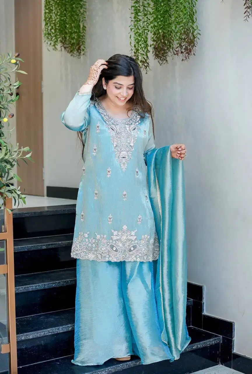 DC 114 Blue Fandy Satin Salwar Suit with Embroidery Work & Lace Work. Exclusive Offer ₹1899. Delivery 4-6 Working Days. Shop now. | Casual Suits, Jump Suits, Creative suits, Designer Suits, Palazzo Suits, Party Wear Suits, Patiala Suits, Salwar suit, Straight Suits