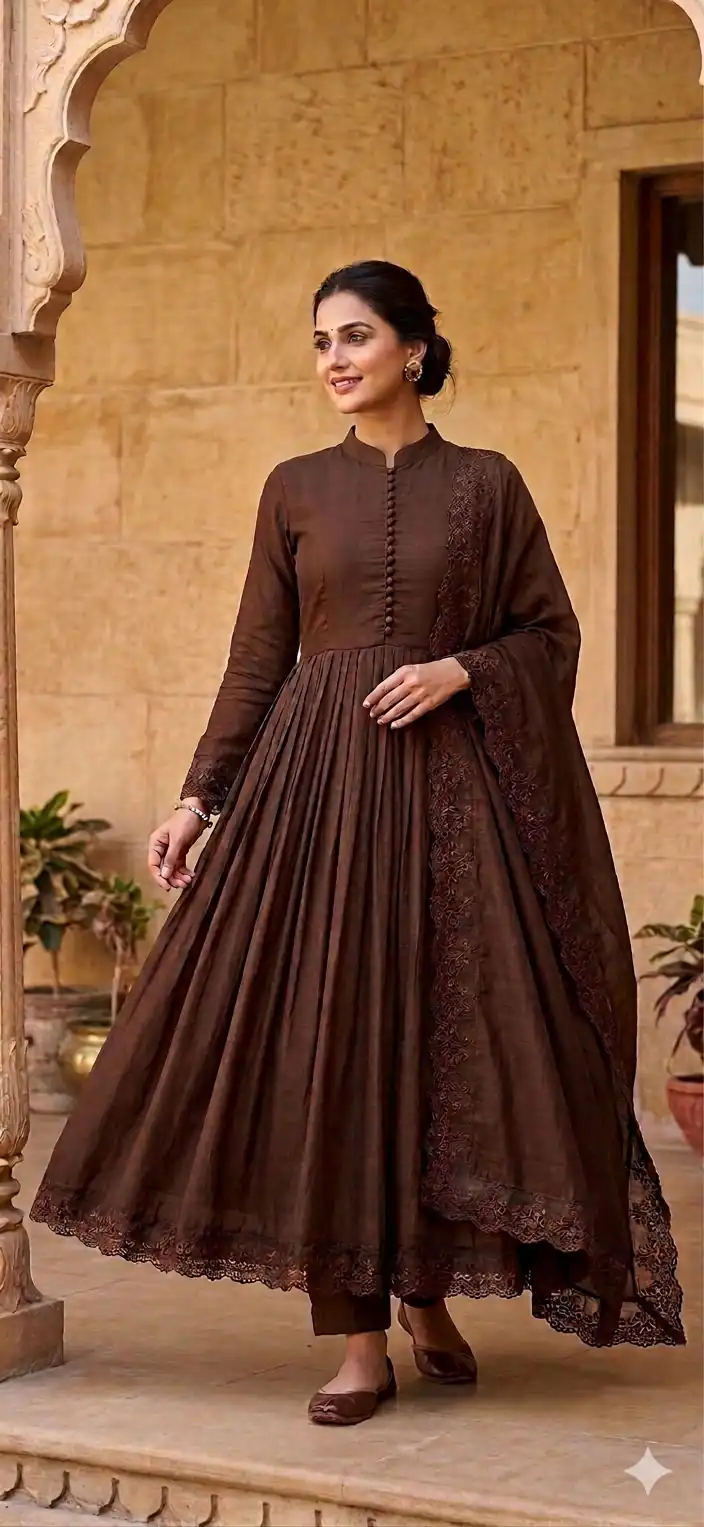 Fancy Brown Roman Silk  Embroidery Cut Work Gown - Image 2
