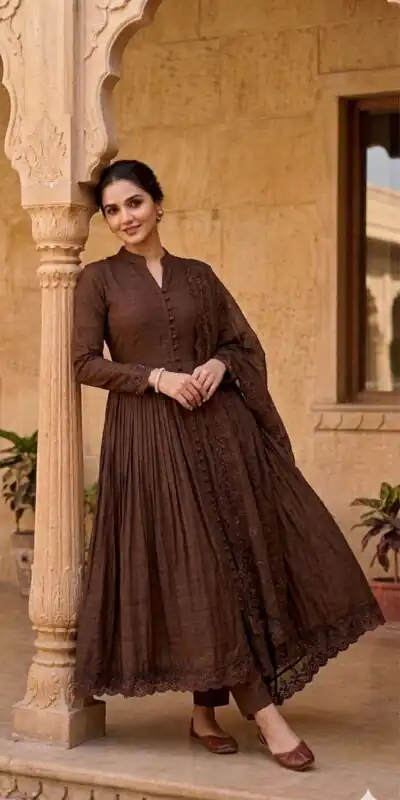 VLM 337 Brown Roman Silk Gown Perfect for Wedding, Party, Ethnic Day, Haldi, Diwali – . Festive Deal ₹2099. Delivery 4-6 Working Days. Shop now. | Bollywood Gowns, Creative Gowns, Designer Gowns, Embroidered Gowns, Gowns, Party Wear Gowns