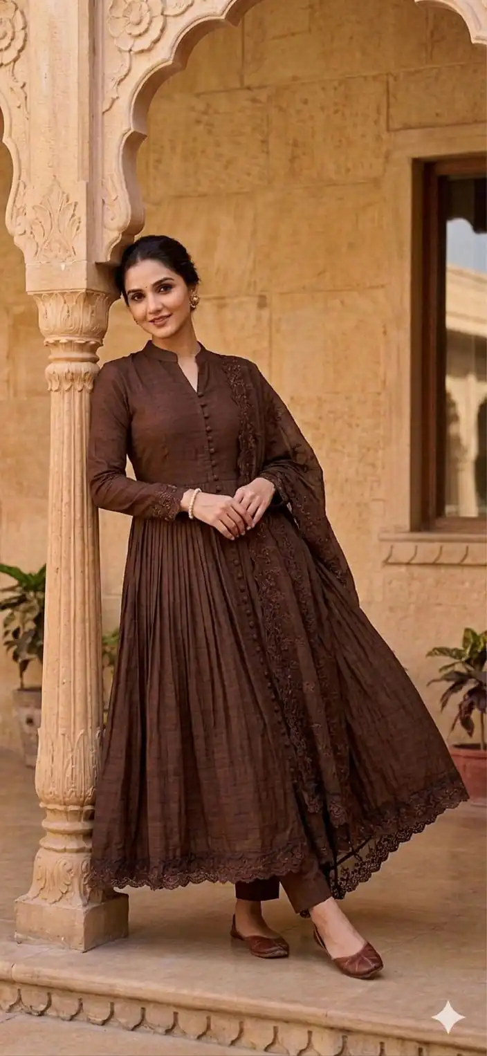 Fancy Brown Roman Silk  Embroidery Cut Work Gown
