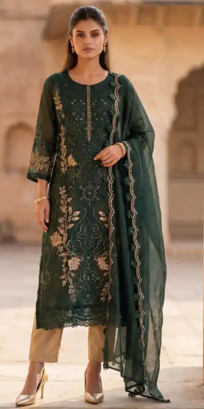 FC 1220 Green Crunchy Salwar Suit with Embroidery Work. Wedding, Party, Festive, Events Grab it for ₹2149. Delivery 4-6 Working Days. Shop now. | Casual Suits, Jump Suits, Creative suits, Designer Suits, Palazzo Suits, Party Wear Suits, Patiala Suits, Salwar suit, Straight Suits