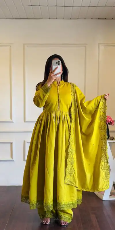 VLM 337 Lime Yellow Roman Silk Gown Perfect for Wedding, Party, Ethnic Day, Haldi, Diwali – . Festive Deal ₹2099. Delivery 4-6 Working Days. Shop now. | Bollywood Gowns, Creative Gowns, Designer Gowns, Embroidered Gowns, Gowns, Party Wear Gowns