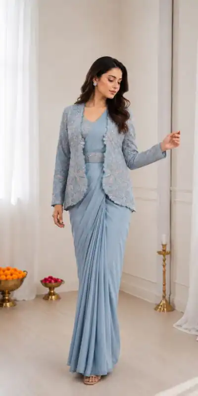 BB 62 Powder Blue Crap Silk Saree with Embroidery Work. Wedding, Party, Festive, Events Festive Deal ₹2499. Delivery 4-6 Working Days. Shop now. | Creative Sarees, Bollywood Sarees, Designer Sarees, Embroidered Sarees, Ethnic Saree, Modern Digital sarees, Party Wear Sarees, Sarees