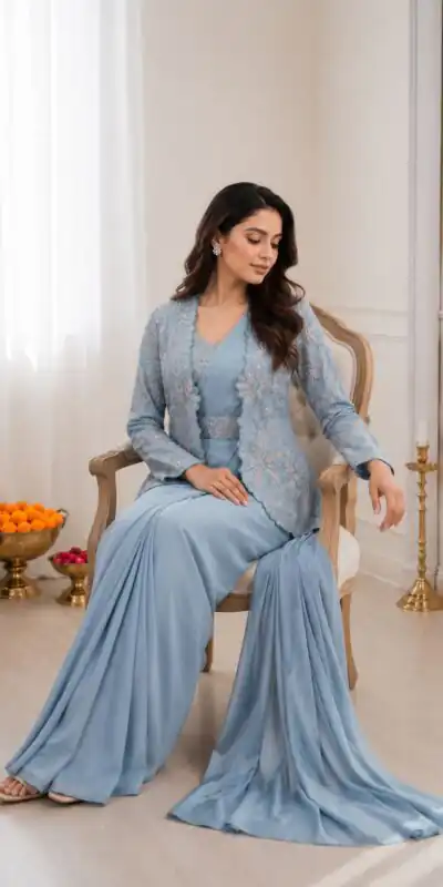 BB 62 Powder Blue Crap Silk Saree with Embroidery Work. Wedding, Party, Festive, Events Festive Deal ₹2499. Delivery 4-6 Working Days. Shop now. | Creative Sarees, Bollywood Sarees, Designer Sarees, Embroidered Sarees, Ethnic Saree, Modern Digital sarees, Party Wear Sarees, Sarees