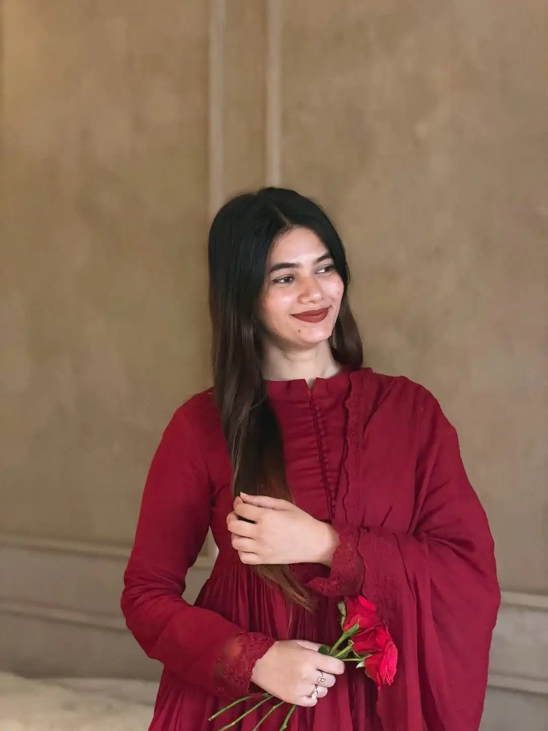 Fancy Red Roman Silk  Embroidery Cut Work Gown - Image 2