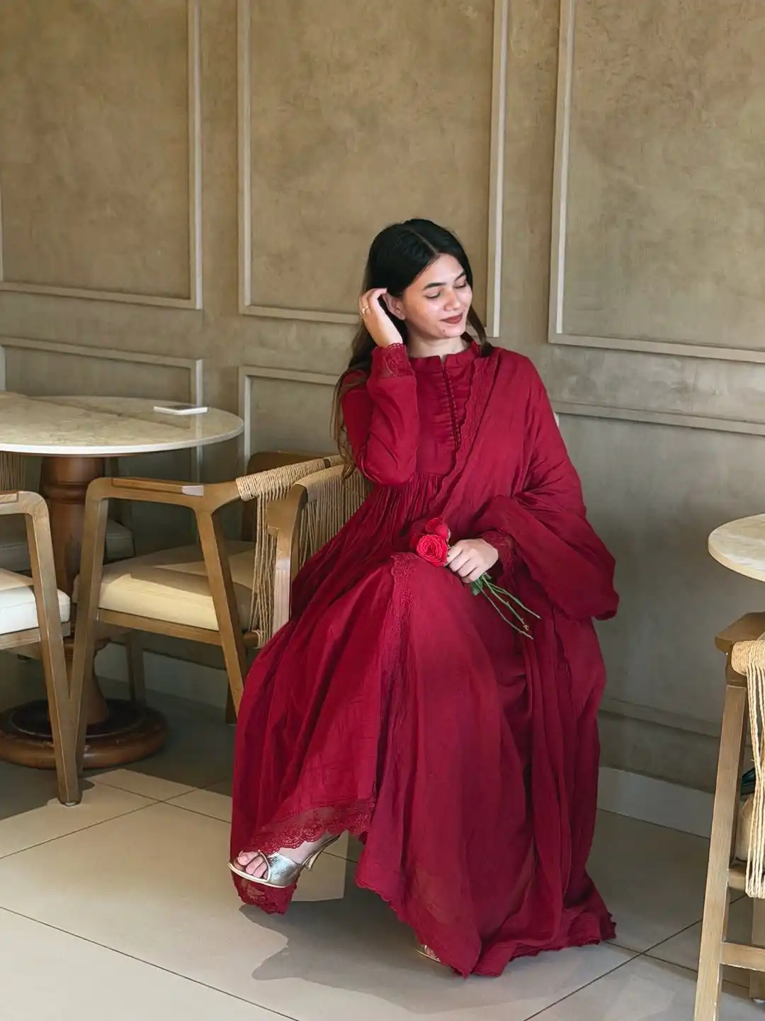 Fancy Red Roman Silk  Embroidery Cut Work Gown - Image 3